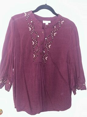 Women’s Embroidered V-Neck Blouse - Plum